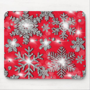 Glittery silver red festive snowflake pattern  mouse pad