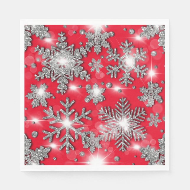 Glittery silver red festive snowflake pattern    napkin (Front)