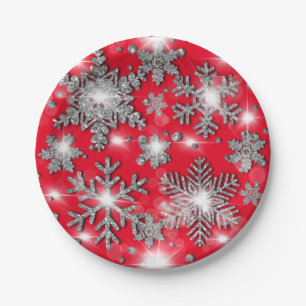 Glittery silver red festive snowflake pattern   paper plate