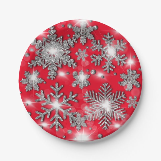 Glittery silver red festive snowflake pattern   paper plate (Front)