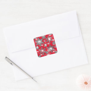 Glittery silver red festive snowflake pattern   square sticker