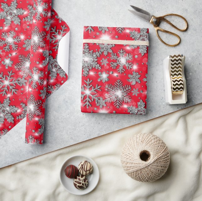 Glittery silver red festive snowflake pattern    wrapping paper (Crafts)