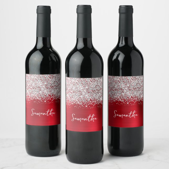 Glittery Silver Red Glam Script Name Wine Label (Bottles)