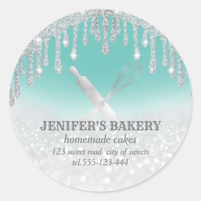 Glittery silver rolling pin & whisk chef bakery classic round sticker (Front)