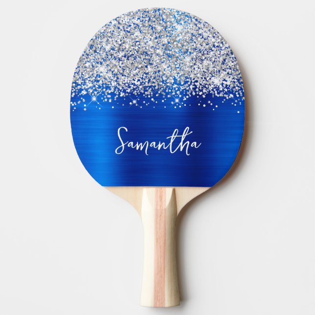 Glittery Silver Royal Blue Glam Name Ping Pong Paddle (Front)