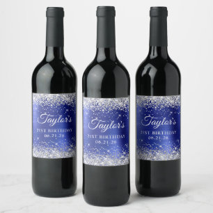 Glittery Silver Sapphire Foil 21st Birthday Wine Label