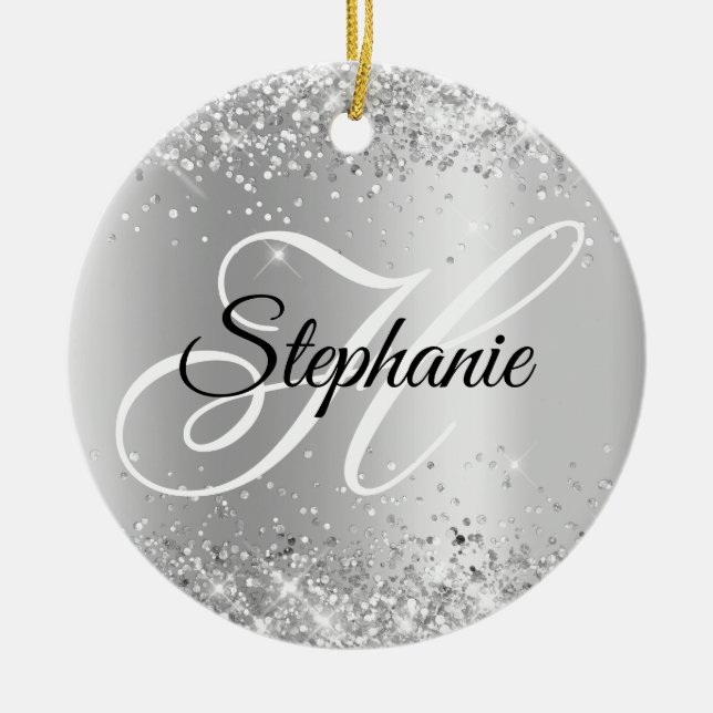Glittery Silver Shimmer Fancy Monogram Ceramic Ornament (Front)