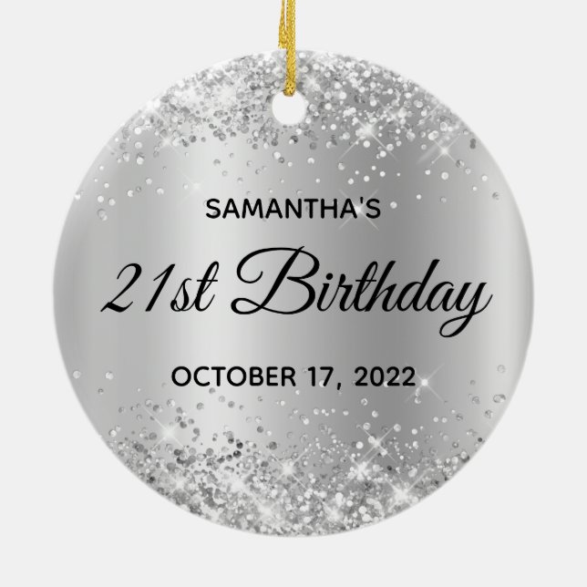 Glittery Silver Shimmer Ombre 21st Birthday Ceramic Ornament (Back)