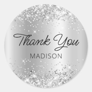 Glittery Silver Shimmer Ombre Thank You Classic Round Sticker