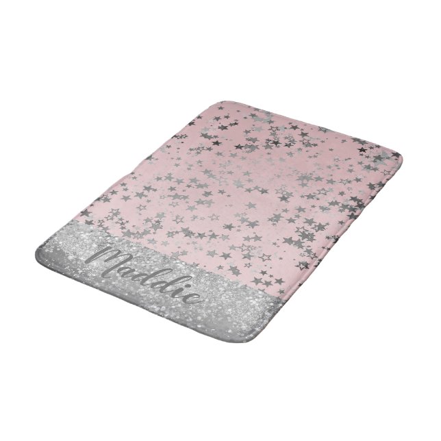 Glittery Silver Stars on Pink Personalised Bath Mat (Angled)