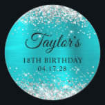 Glittery Silver Turquoise Blue Foil 18th Birthday Classic Round Sticker<br><div class="desc">Create your own 18th birthday party favour stickers. Girly faux sparkly silver glitter on the top and bottom edge, over a faux aqua turquoise blue brushed metal style ombre foil. Customise the font styles to create your own favour sticker design for her special celebration. A classic elegant calligraphy paired with...</div>