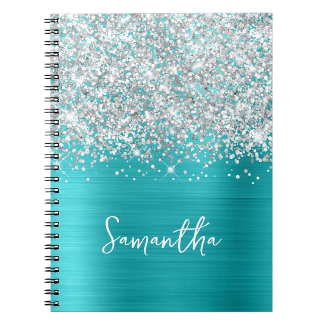 Glittery Silver Turquoise Blue Glam Script Name Notebook (Front)