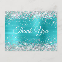 Glittery Silver Turquoise Blue Sweet 16 Thank You