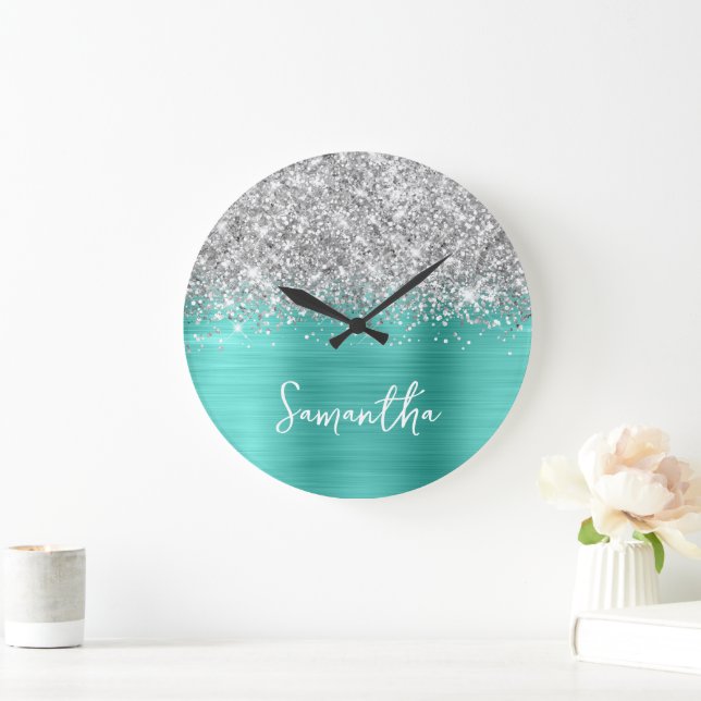 Glittery Silver Turquoise Glam White Script Name Large Clock (Home)