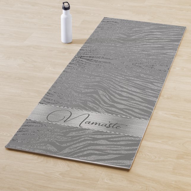 Glittery Silver Zebra Print on Grey Personalised Yoga Mat (In Situ)