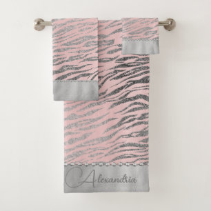 Glittery Silver Zebra Print on Pink Personalised Bath Towel Set