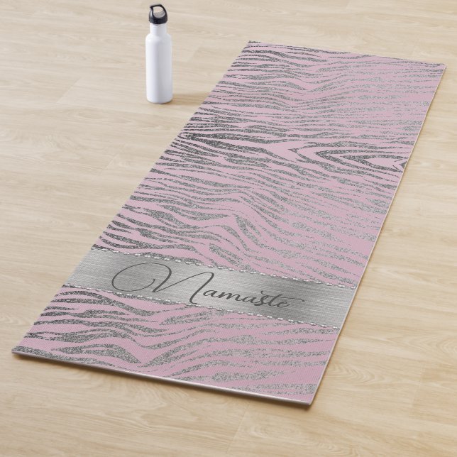 Glittery Silver Zebra Print on Pink Personalised Yoga Mat (In Situ)
