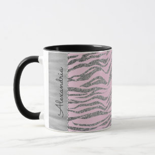 Glittery Silver Zebra Print on Pink Personalized Mug