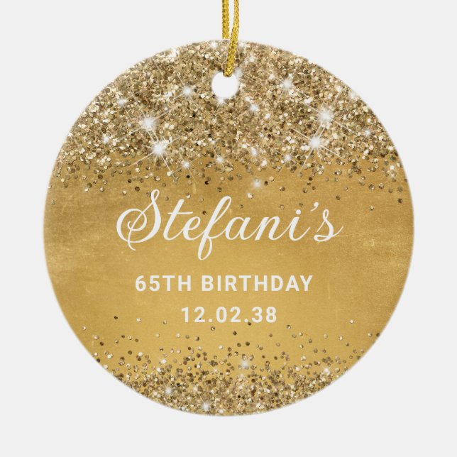 Glittery Soft Gold Foil 65th Birthday Classic Cera Ceramic Ornament (Front)