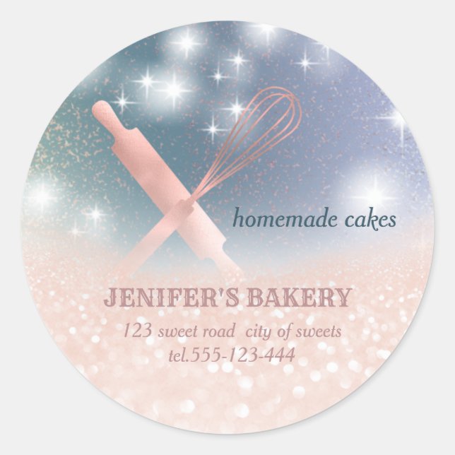 Glittery sparkle rolling pin & whisk chef bakery classic round sticker (Front)