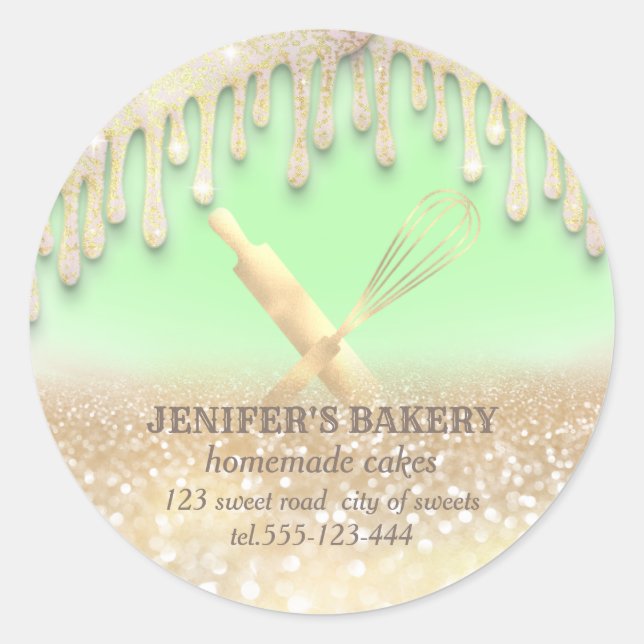Glittery sparkle rolling pin & whisk chef bakery classic round sticker (Front)