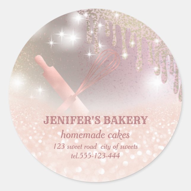Glittery sparkle rolling pin & whisk chef bakery classic round sticker (Front)