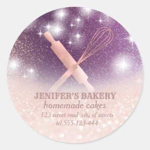 Glittery sparkle rolling pin & whisk chef bakery classic round sticker