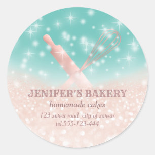 Glittery sparkle rolling pin & whisk chef bakery classic round sticker
