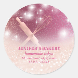 Glittery sparkle rolling pin & whisk chef bakery classic round sticker