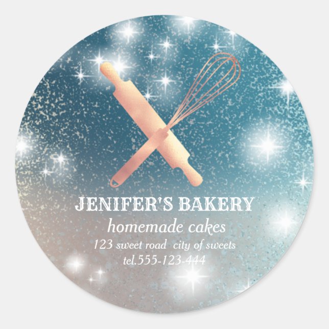 Glittery sparkle rolling pin & whisk chef bakery classic round sticker (Front)
