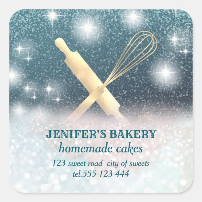 Glittery sparkle rolling pin & whisk chef bakery square sticker (Front)