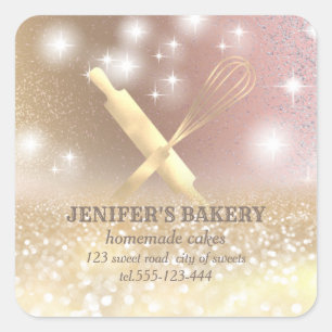 Glittery sparkle rolling pin & whisk chef bakery square sticker