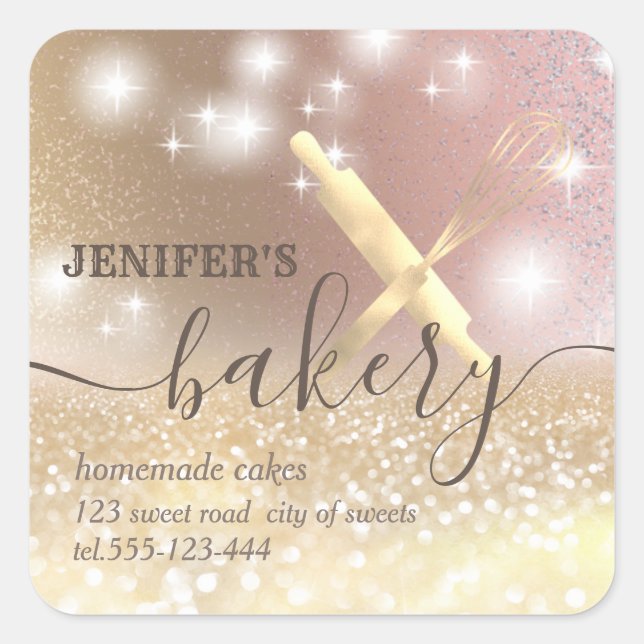 Glittery sparkle rolling pin & whisk chef bakery square sticker (Front)