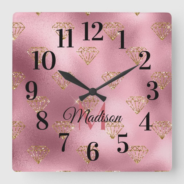 Glittery Sparkling Blush Pink Gold Monogram Name   Square Wall Clock (Front)
