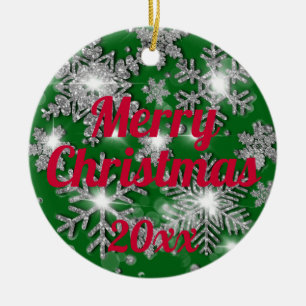 Glittery sparkling silver festive snowflake  ceramic ornament