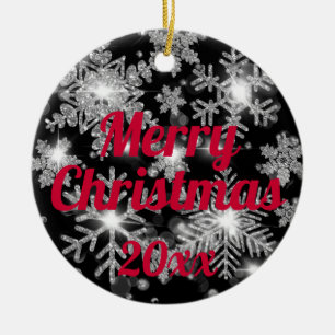 Glittery sparkling silver festive snowflake  ceramic ornament