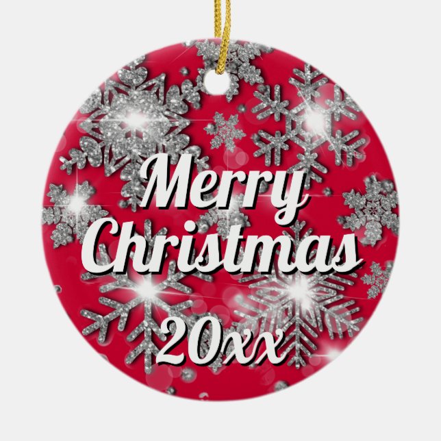 Glittery sparkling silver festive snowflake  ceramic ornament (Front)