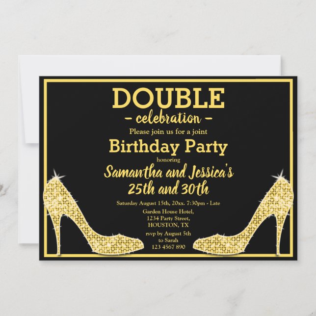 Glittery Sparkly Gold Stilettos Double Birthday Invitation (Front)