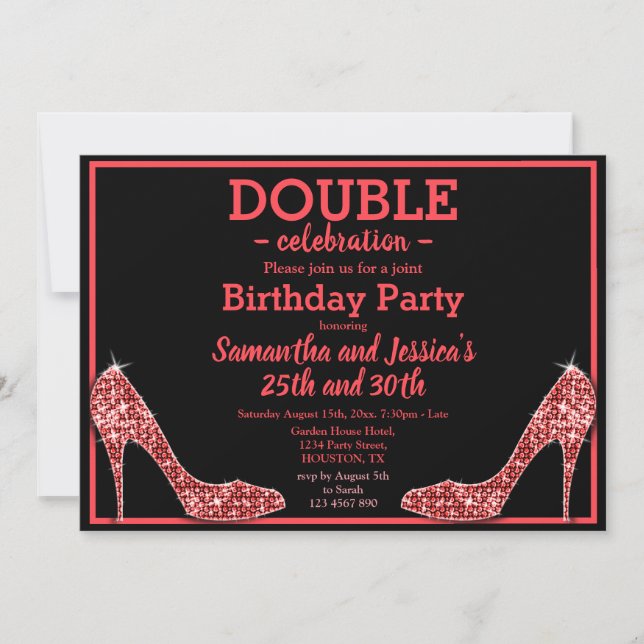 Glittery Sparkly Red Stilettos Double Birthday Invitation (Front)