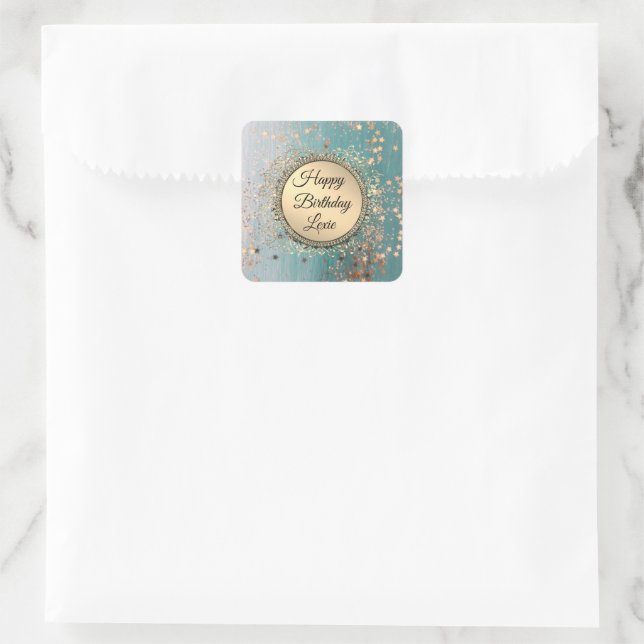 Glittery Stardust on Blue Personalised Birthday Square Sticker (Bag)