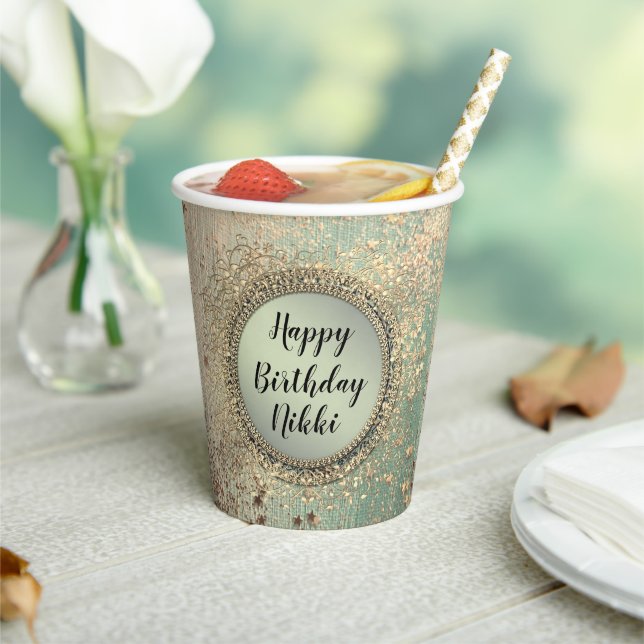 Glittery Stardust on Green Birthday Personalised Paper Cups (Insitu)