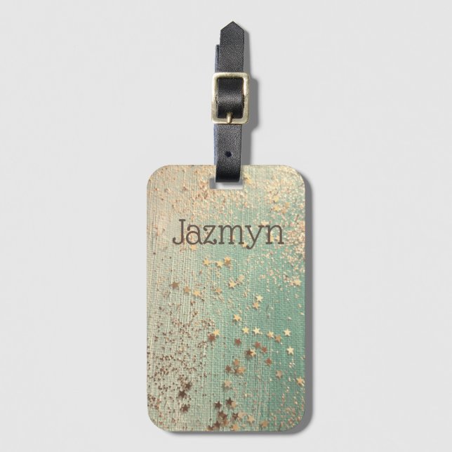 Glittery Stardust on Sea Green Personalised Luggage Tag (Front Vertical)