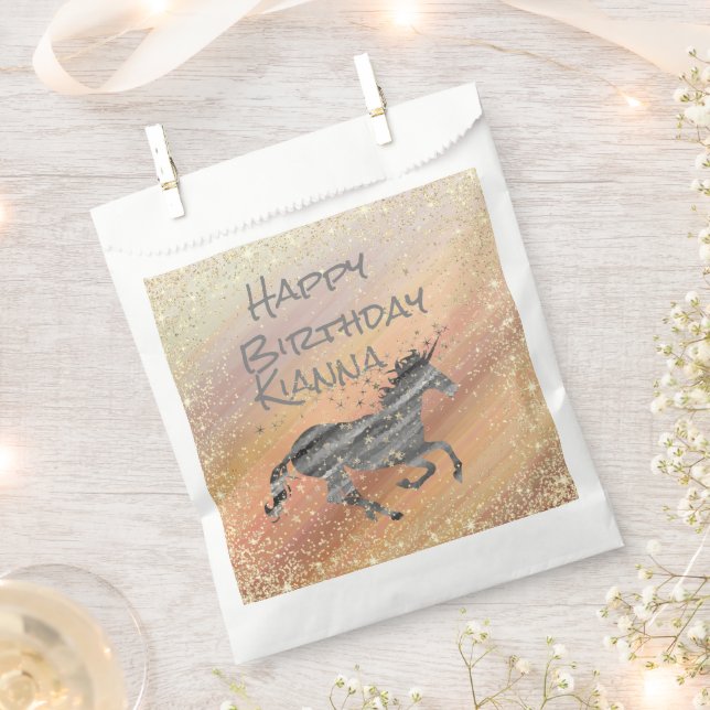 Glittery Starry Unicorn Birthday Personalised Favour Bag (Clipped)
