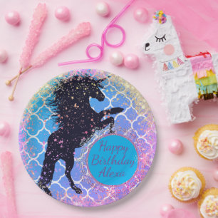 Glittery Starry Unicorn Personalised Birthday Paper Plate