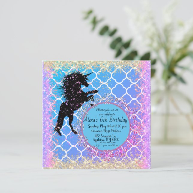 Glittery Starry Whimsical Unicorn Birthday         Card (Standing Front)