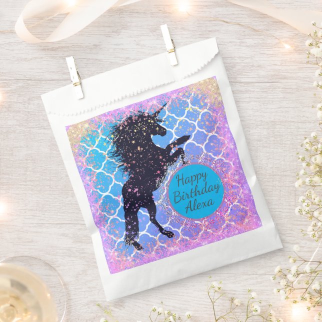Glittery Starry Whimsical Unicorn Birthday Custom Favour Bag (Clipped)