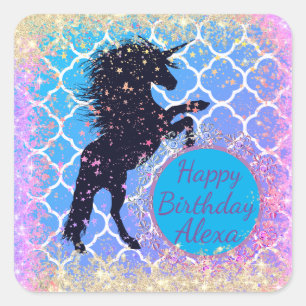 Glittery Starry Whimsical Unicorn Square Sticker