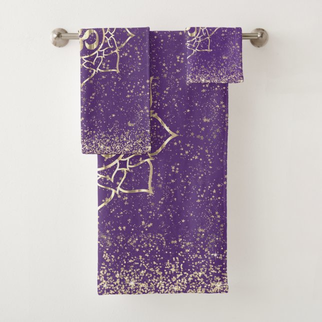 Glittery Stars Om Gold Mandala on Purple Bath Towel Set (Insitu)