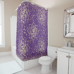 Glittery Stars Om Mandala on Purple Shower Curtain