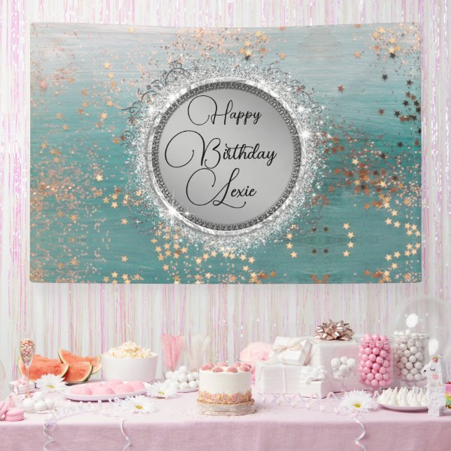 Glittery Stars on Blue Personalised Birthday Banner (Party)